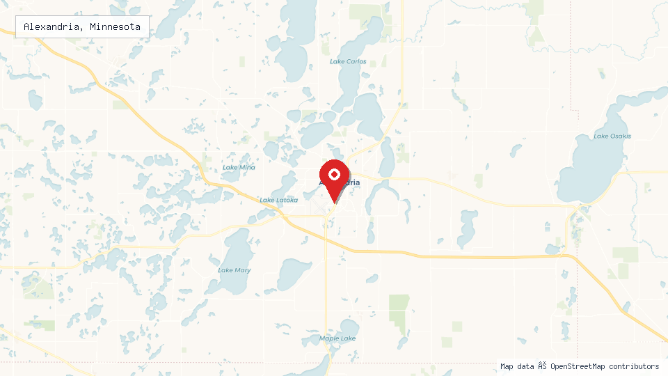 Street map of Alexandria, Minnesota with location pin