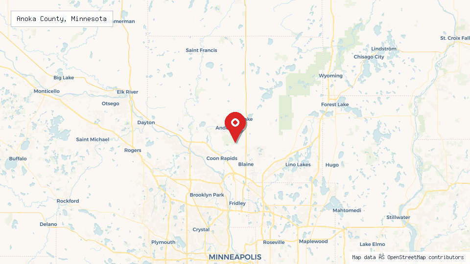 Street map of Anoka County, Minnesota with location pin