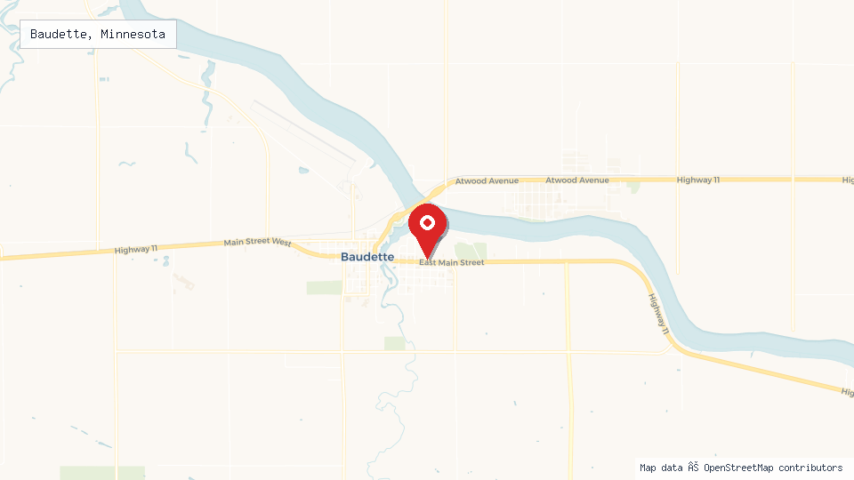 Street map of Baudette, Minnesota with location pin