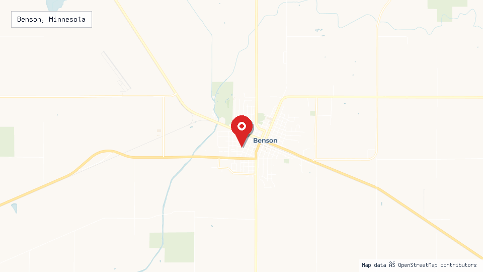Street map of Benson, Minnesota with location pin