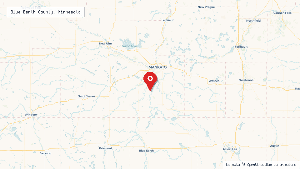 Street map of Blue Earth County, Minnesota with location pin