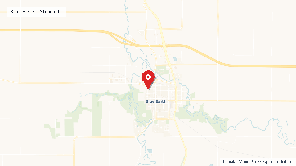 Street map of Blue Earth, Minnesota with location pin