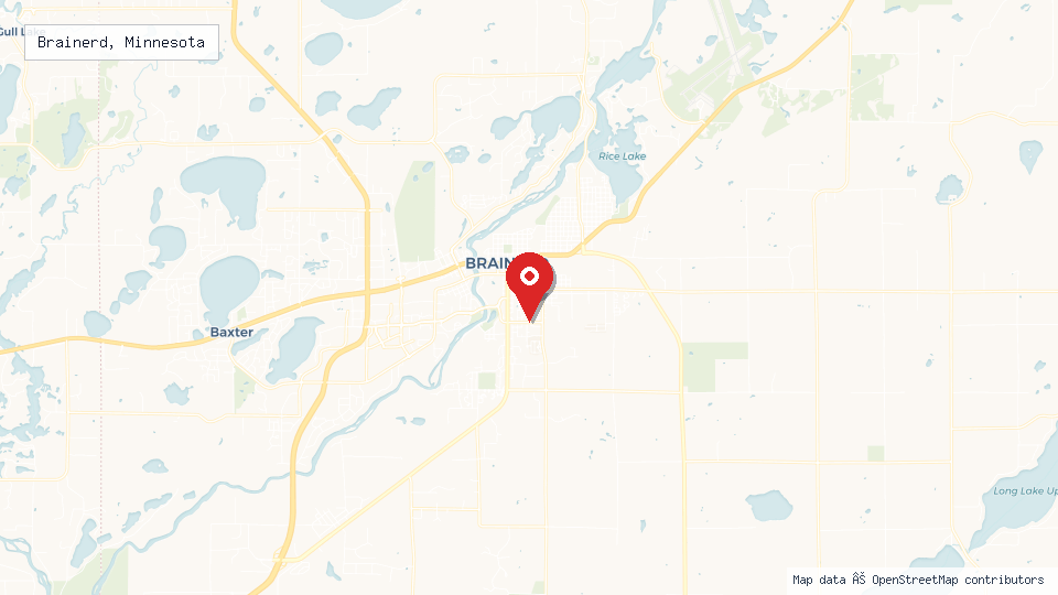 Street map of Brainerd, Minnesota with location pin