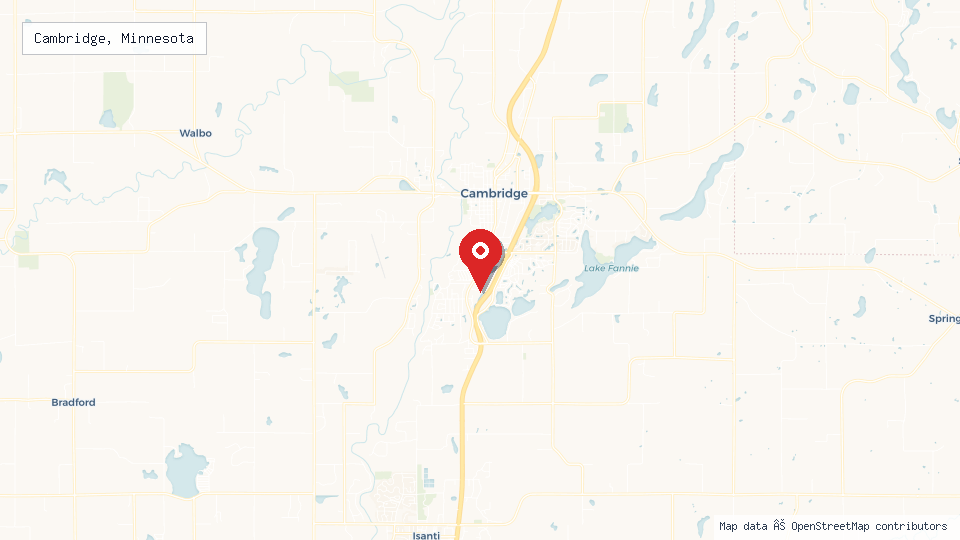 Street map of Cambridge, Minnesota with location pin
