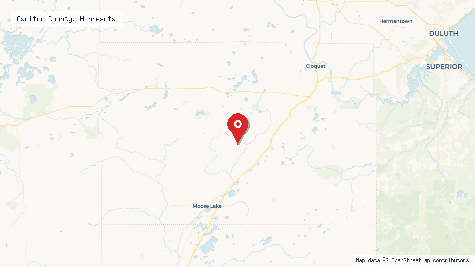 Street map of Carlton County, Minnesota with location pin