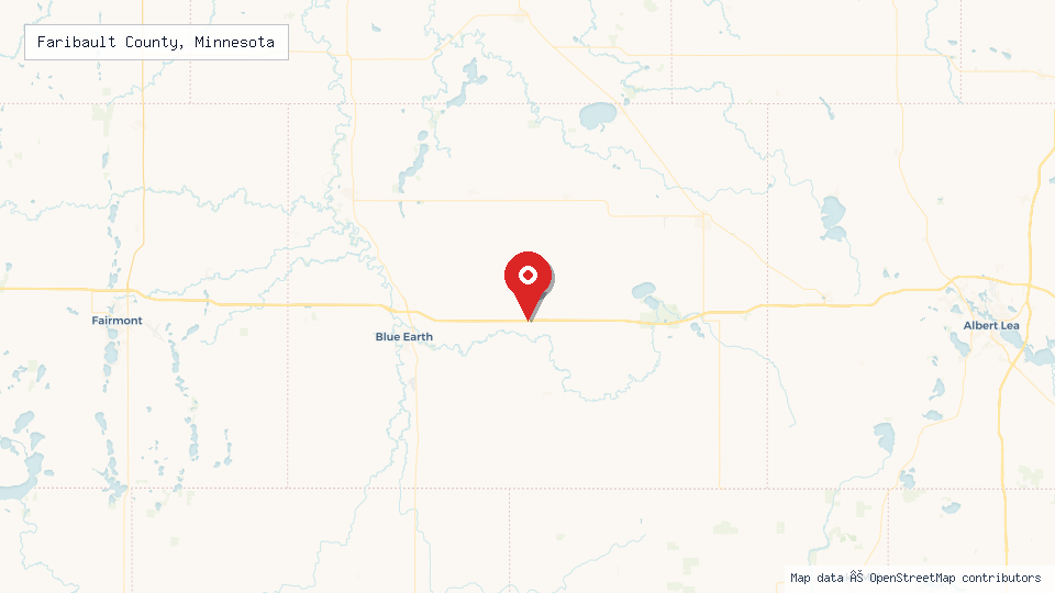 Street map of Faribault County, Minnesota with location pin