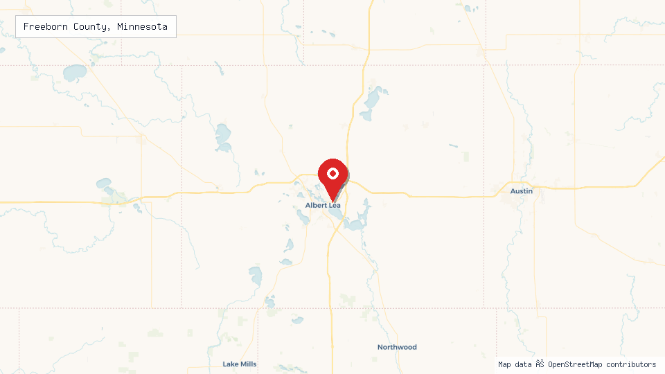 Street map of Freeborn County, Minnesota with location pin