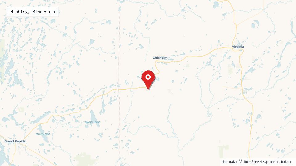 Street map of Hibbing, Minnesota with location pin
