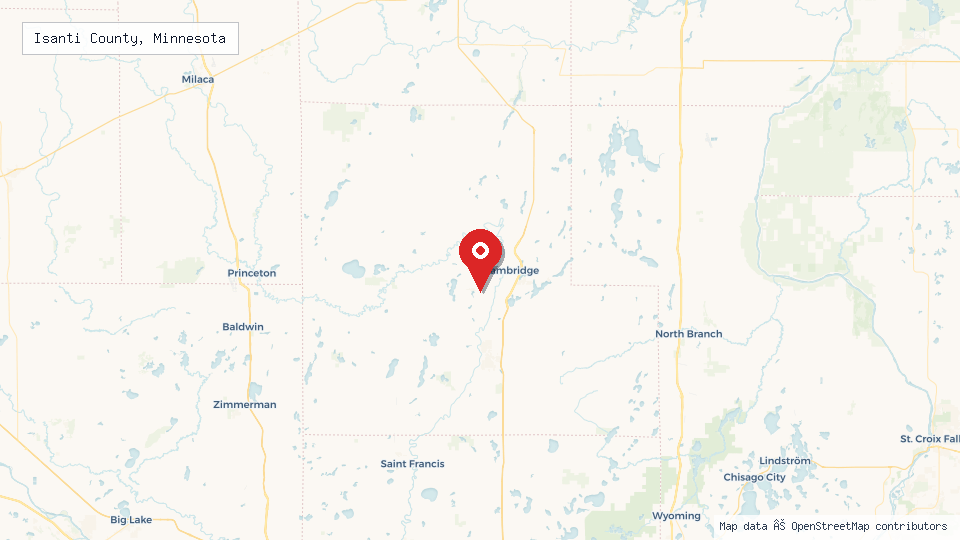 Street map of Isanti County, Minnesota with location pin