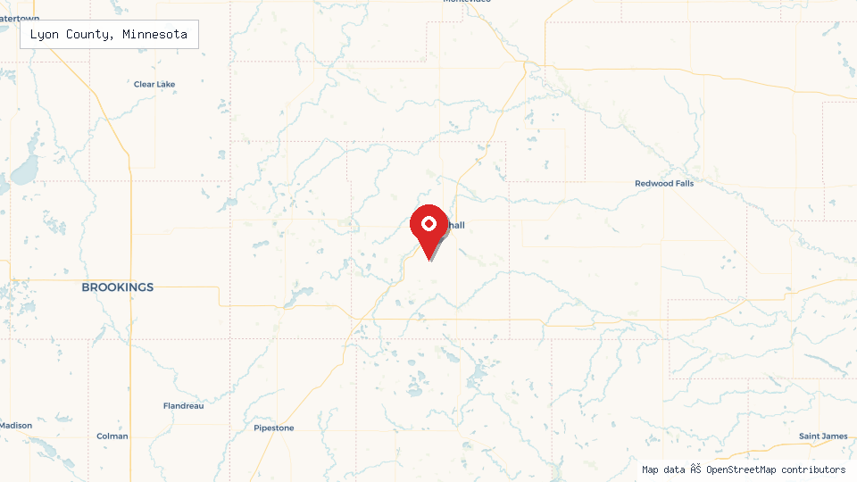 Street map of Lyon County, Minnesota with location pin