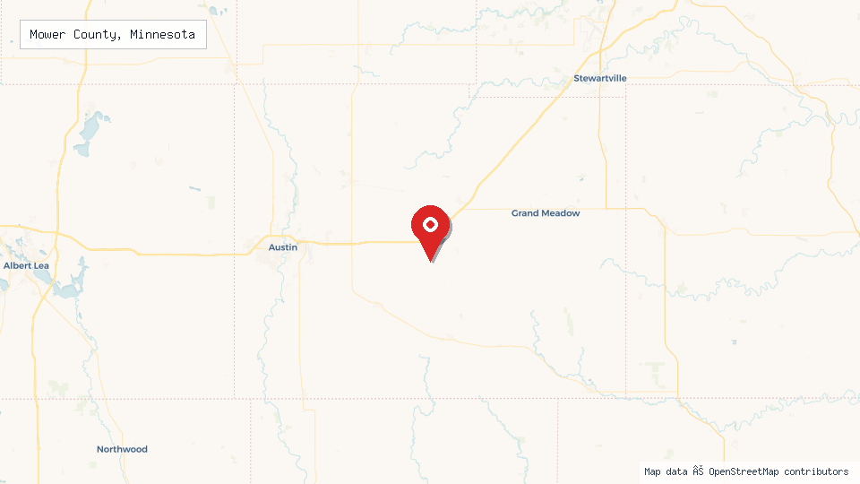 Street map of Mower County, Minnesota with location pin