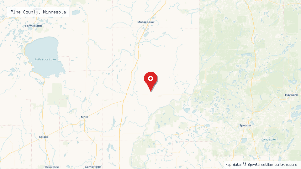 Street map of Pine County, Minnesota with location pin