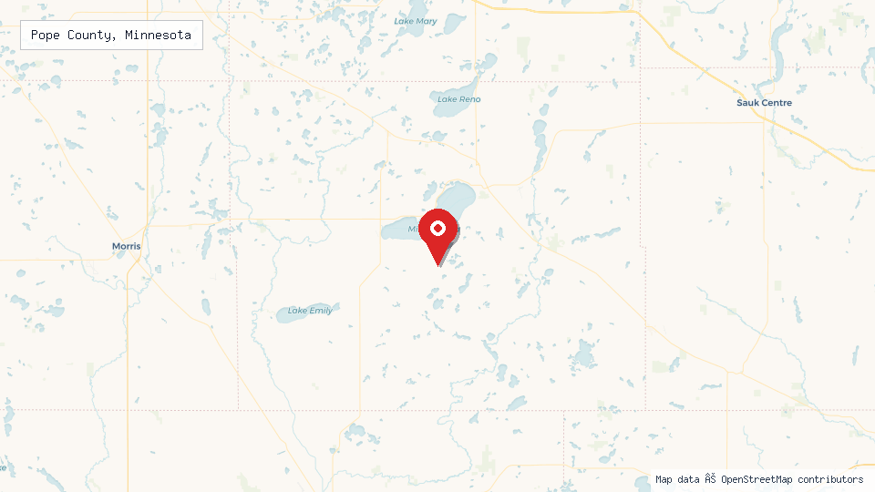 Street map of Pope County, Minnesota with location pin