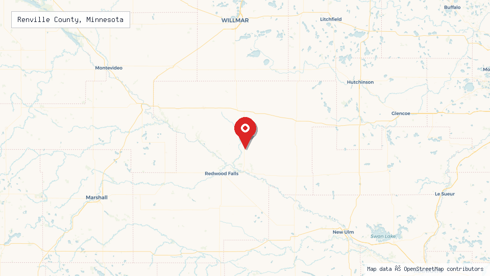 Street map of Renville County, Minnesota with location pin