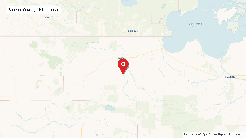 Street map of Roseau County, Minnesota with location pin