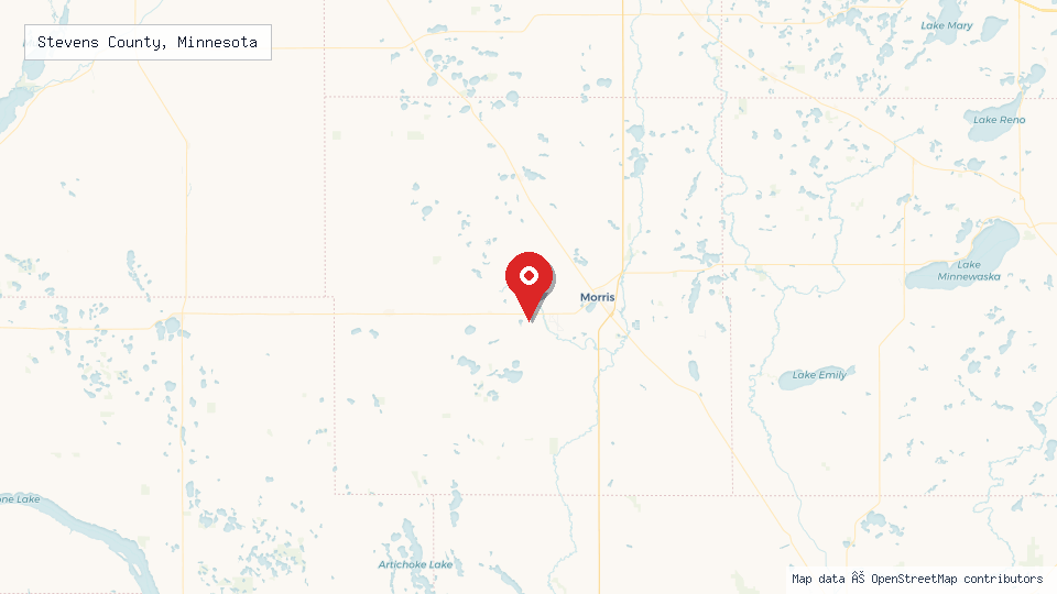 Street map of Stevens County, Minnesota with location pin