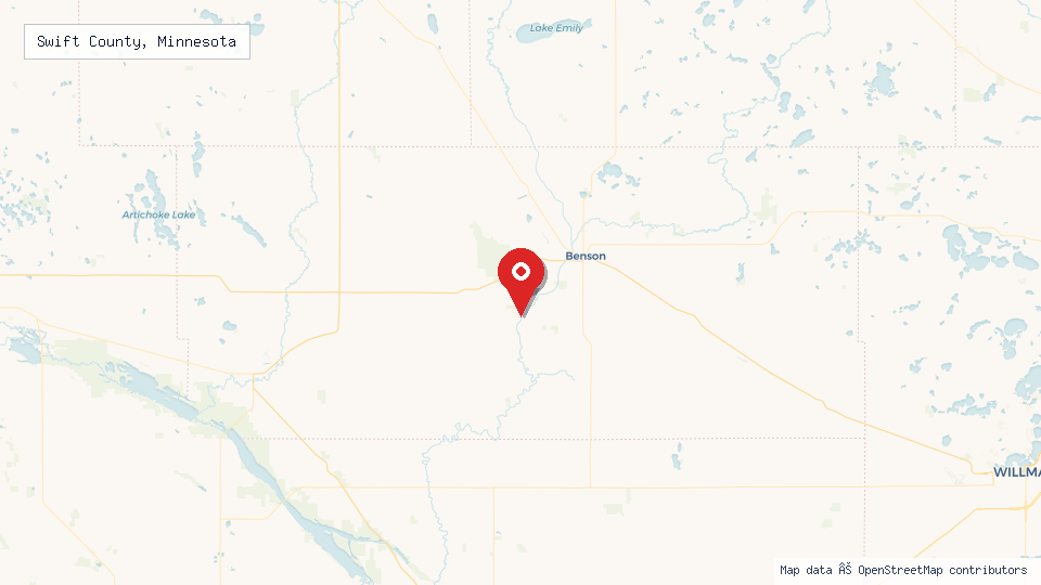 Street map of Swift County, Minnesota with location pin