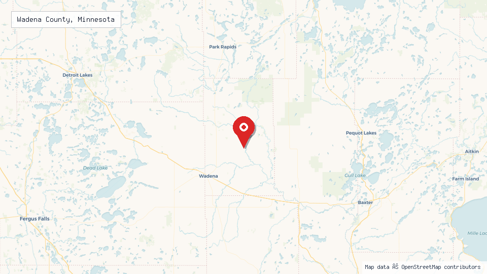 Street map of Wadena County, Minnesota with location pin