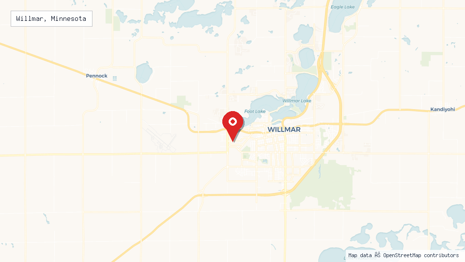 Street map of Willmar, Minnesota with location pin