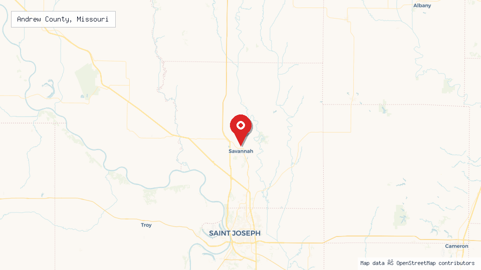 Street map of Andrew County, Missouri with location pin
