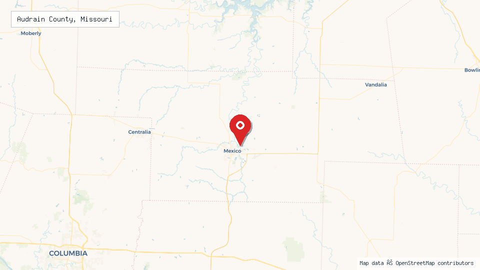 Street map of Audrain County, Missouri with location pin