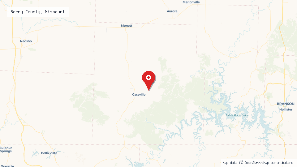 Street map of Barry County, Missouri with location pin