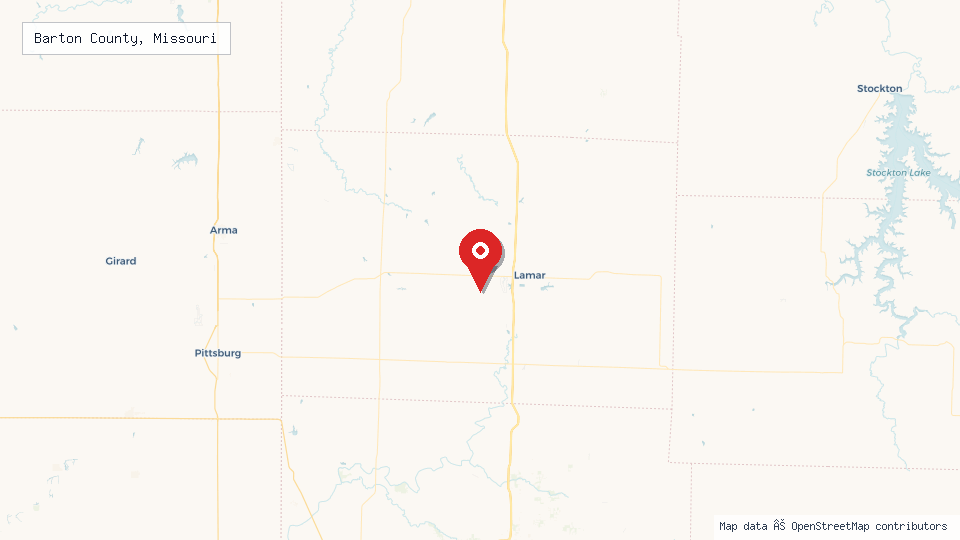 Street map of Barton County, Missouri with location pin