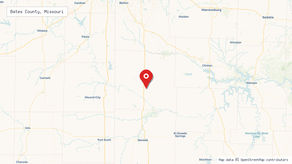 Street map of Bates County, Missouri with location pin