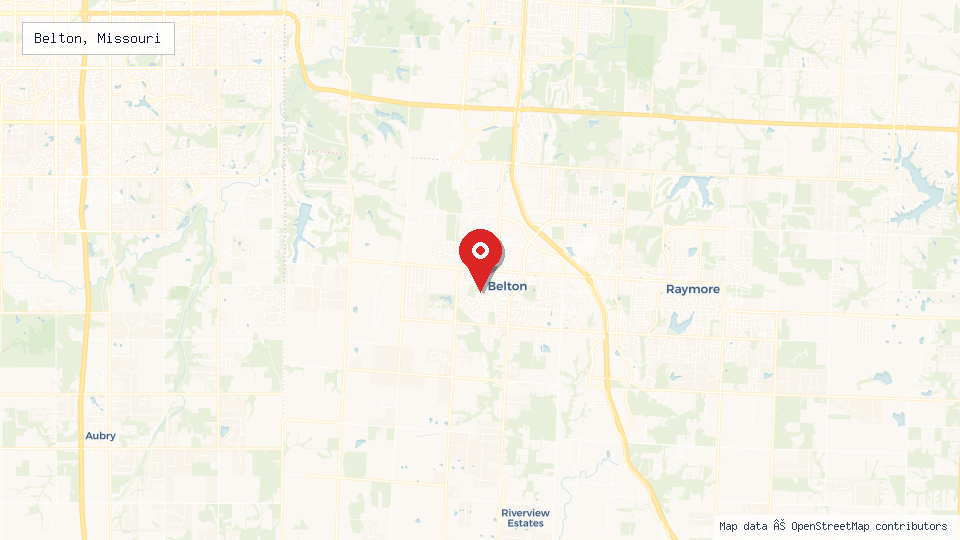 Street map of Belton, Missouri with location pin