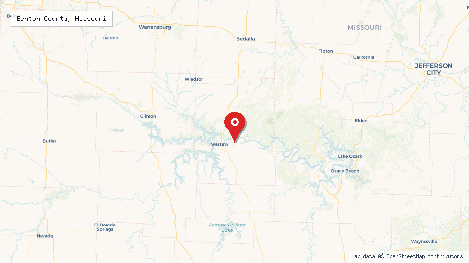 Street map of Benton County, Missouri with location pin