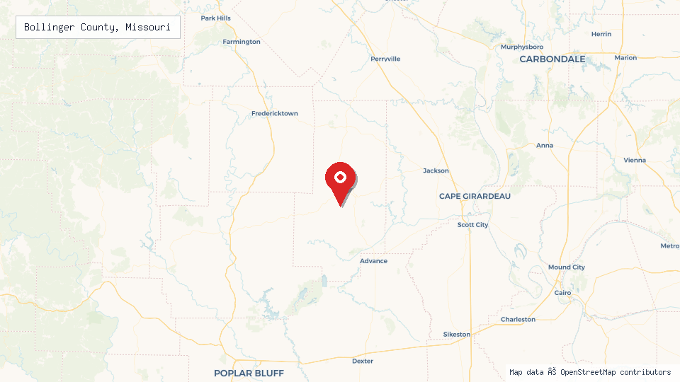 Street map of Bollinger County, Missouri with location pin