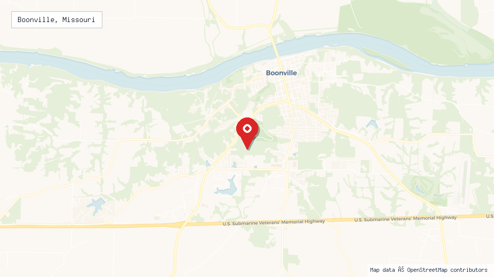 Street map of Boonville, Missouri with location pin