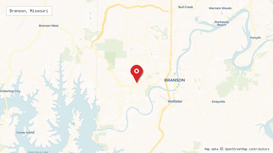 Street map of Branson, Missouri with location pin