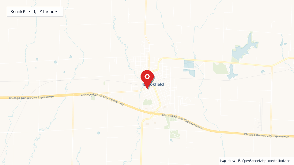 Street map of Brookfield, Missouri with location pin