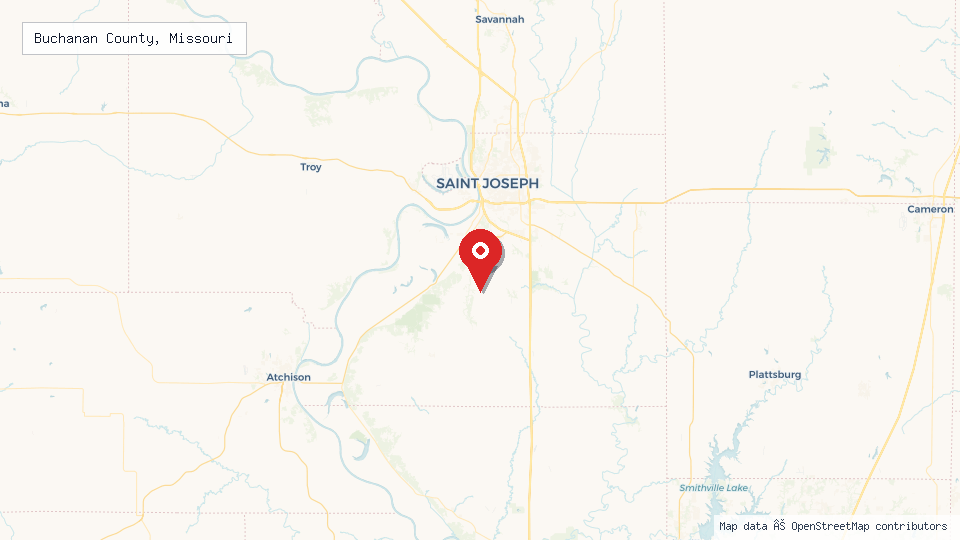 Street map of Buchanan County, Missouri with location pin
