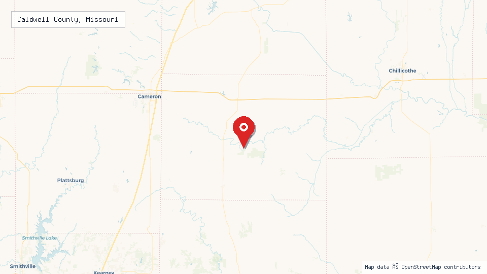 Street map of Caldwell County, Missouri with location pin