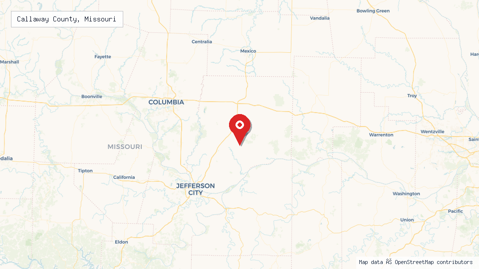 Street map of Callaway County, Missouri with location pin