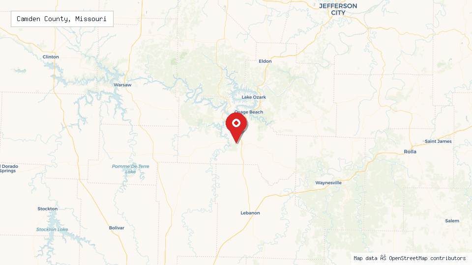 Street map of Camden County, Missouri with location pin