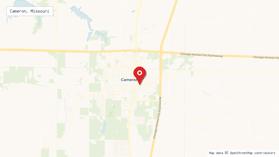 Street map of Cameron, Missouri with location pin