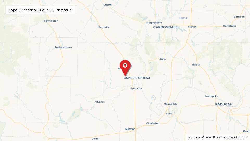 Street map of Cape Girardeau County, Missouri with location pin