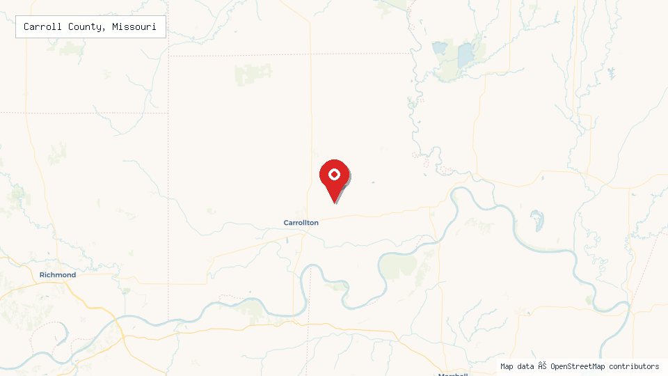 Street map of Carroll County, Missouri with location pin