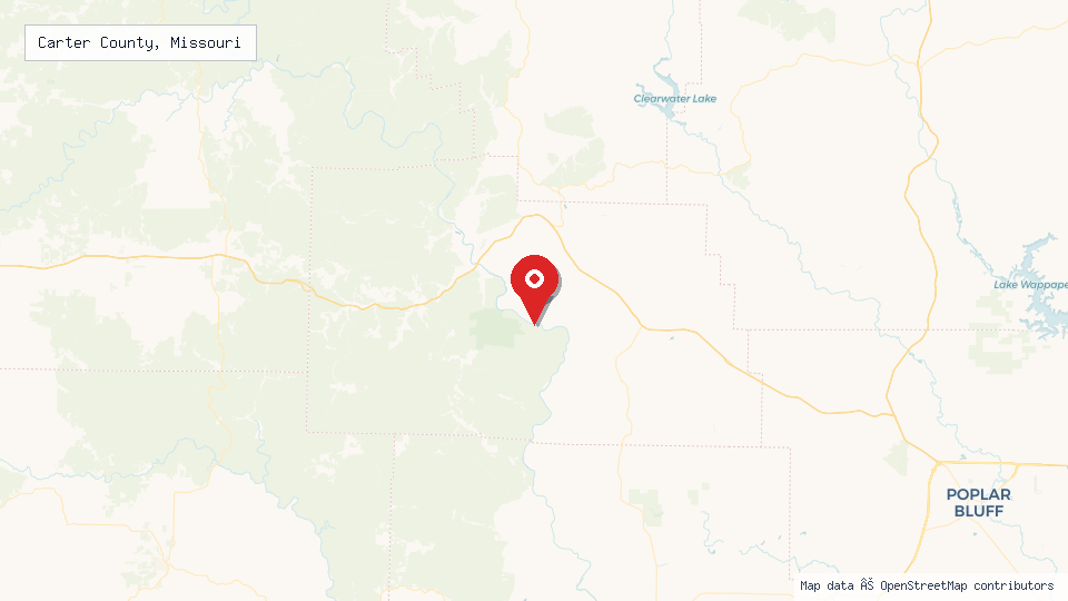 Street map of Carter County, Missouri with location pin