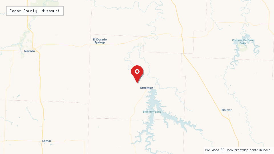 Street map of Cedar County, Missouri with location pin