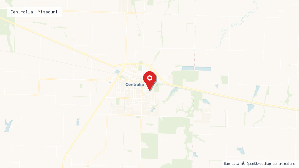 Street map of Centralia, Missouri with location pin