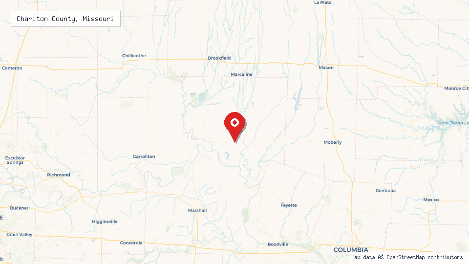Street map of Chariton County, Missouri with location pin