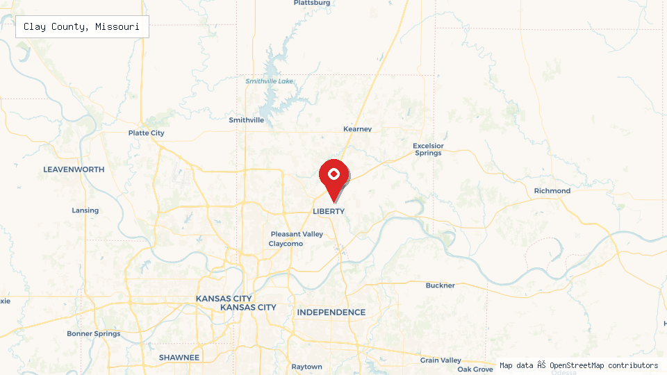 Street map of Clay County, Missouri with location pin