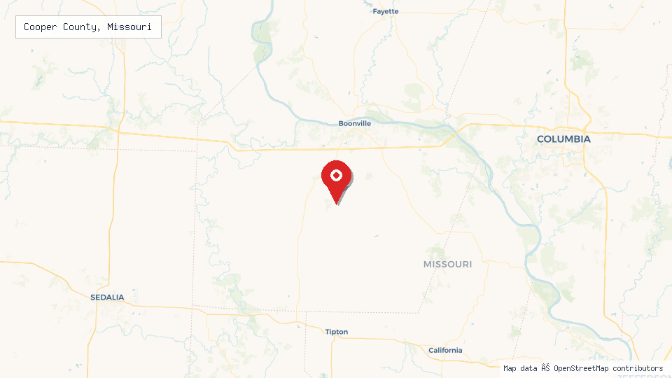 Street map of Cooper County, Missouri with location pin
