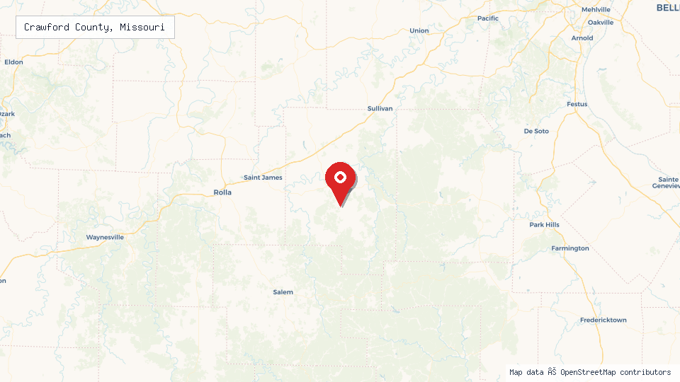 Street map of Crawford County, Missouri with location pin