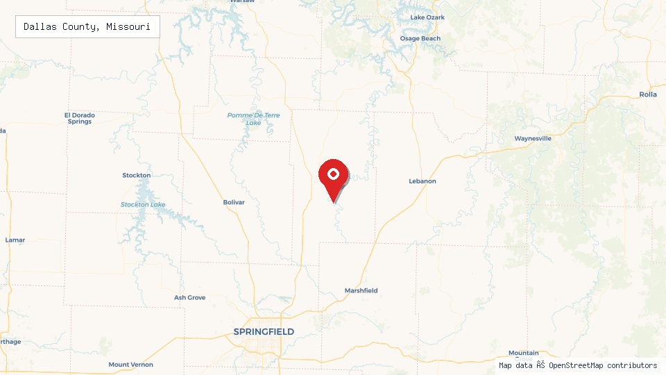 Street map of Dallas County, Missouri with location pin