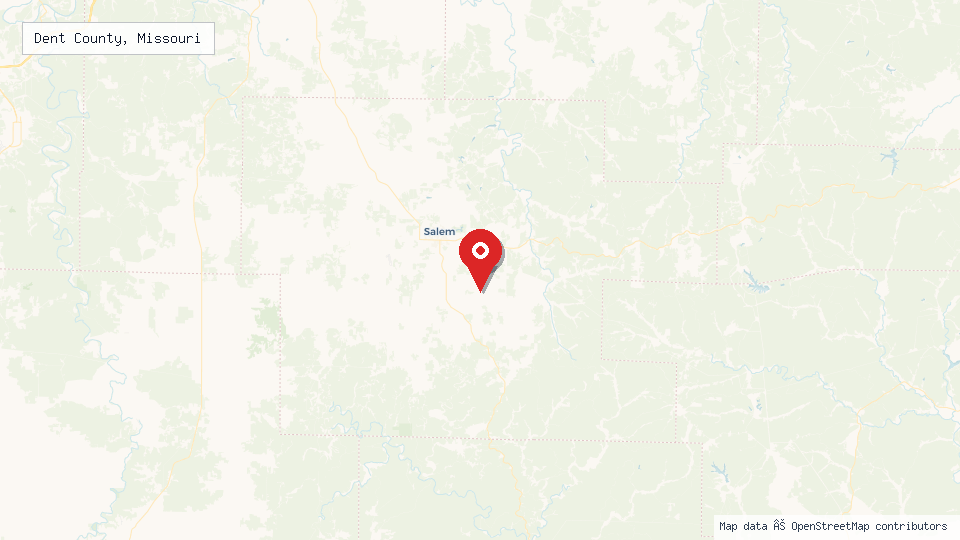 Street map of Dent County, Missouri with location pin